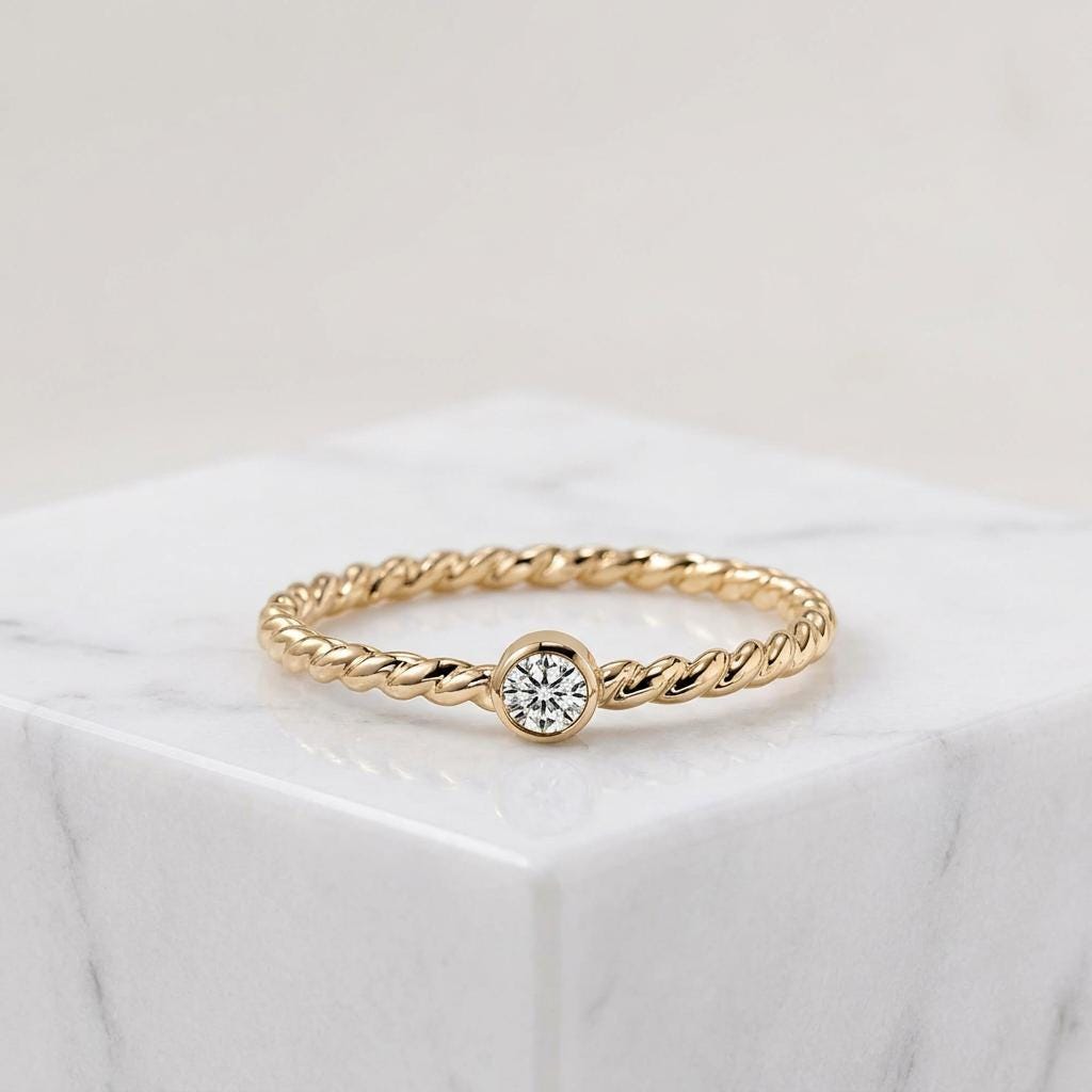 14K Solid Gold Moissanite Rope Twist Ring, Engagement Wedding Band