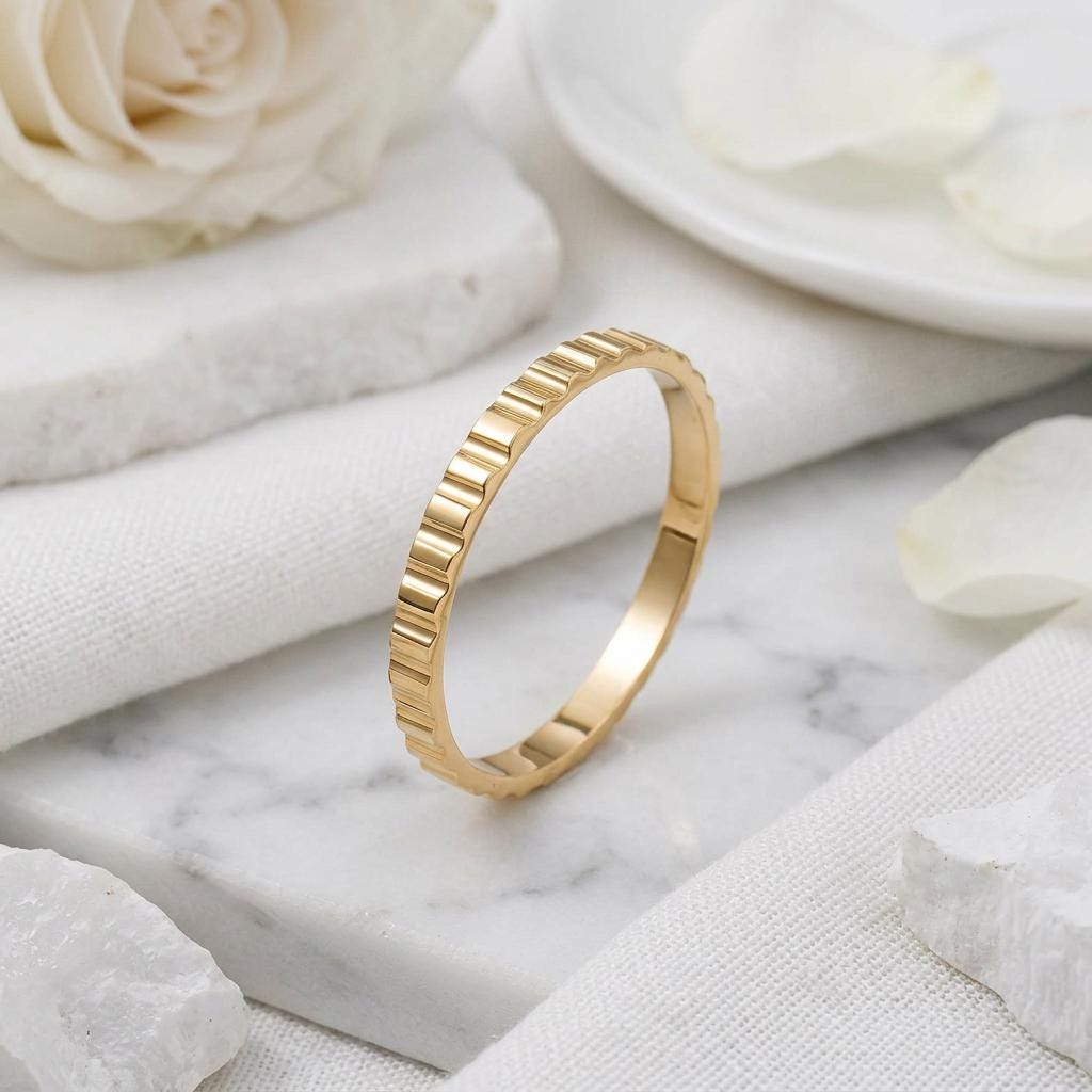 14K Solid Gold Tiny Bar Striped Ring Wedding Band
