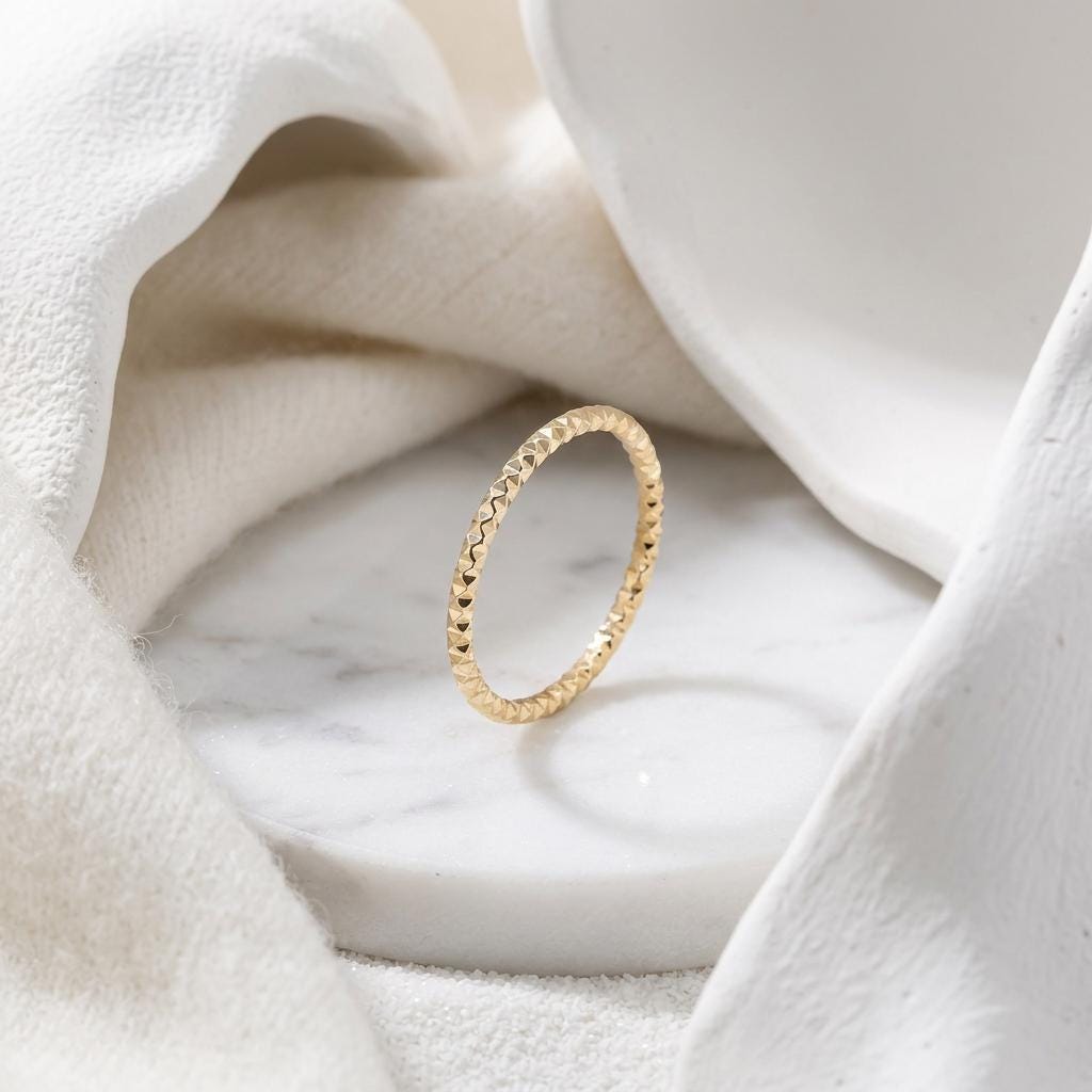 14K Solid Gold Faceted Sparkle Ring for Women