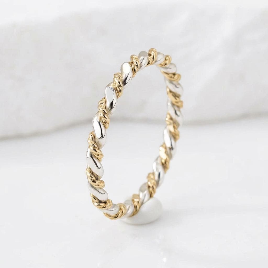 14K Solid Gold Two-Tone Shiny  Layering Ring Stackable Band