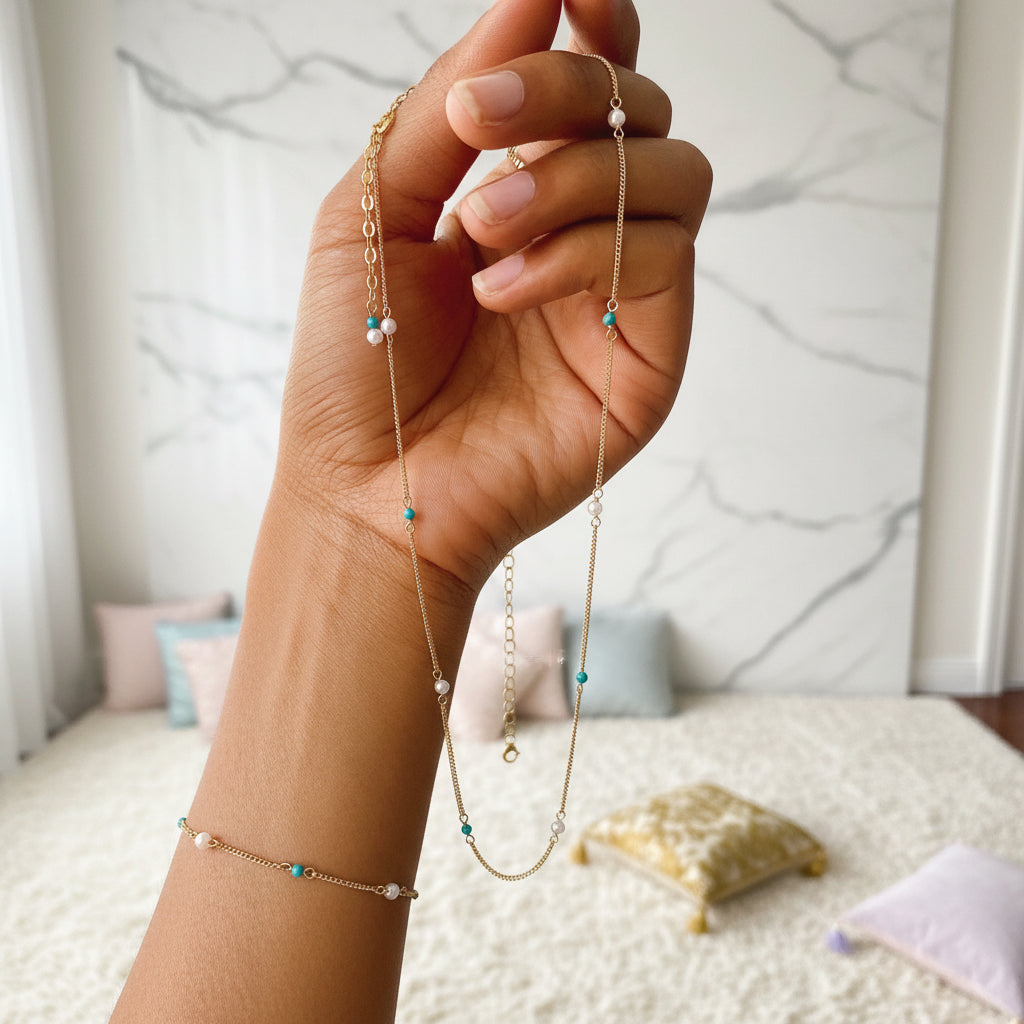 14K Gold Natural Turquoise & Pearl Necklace Everyday Necklace