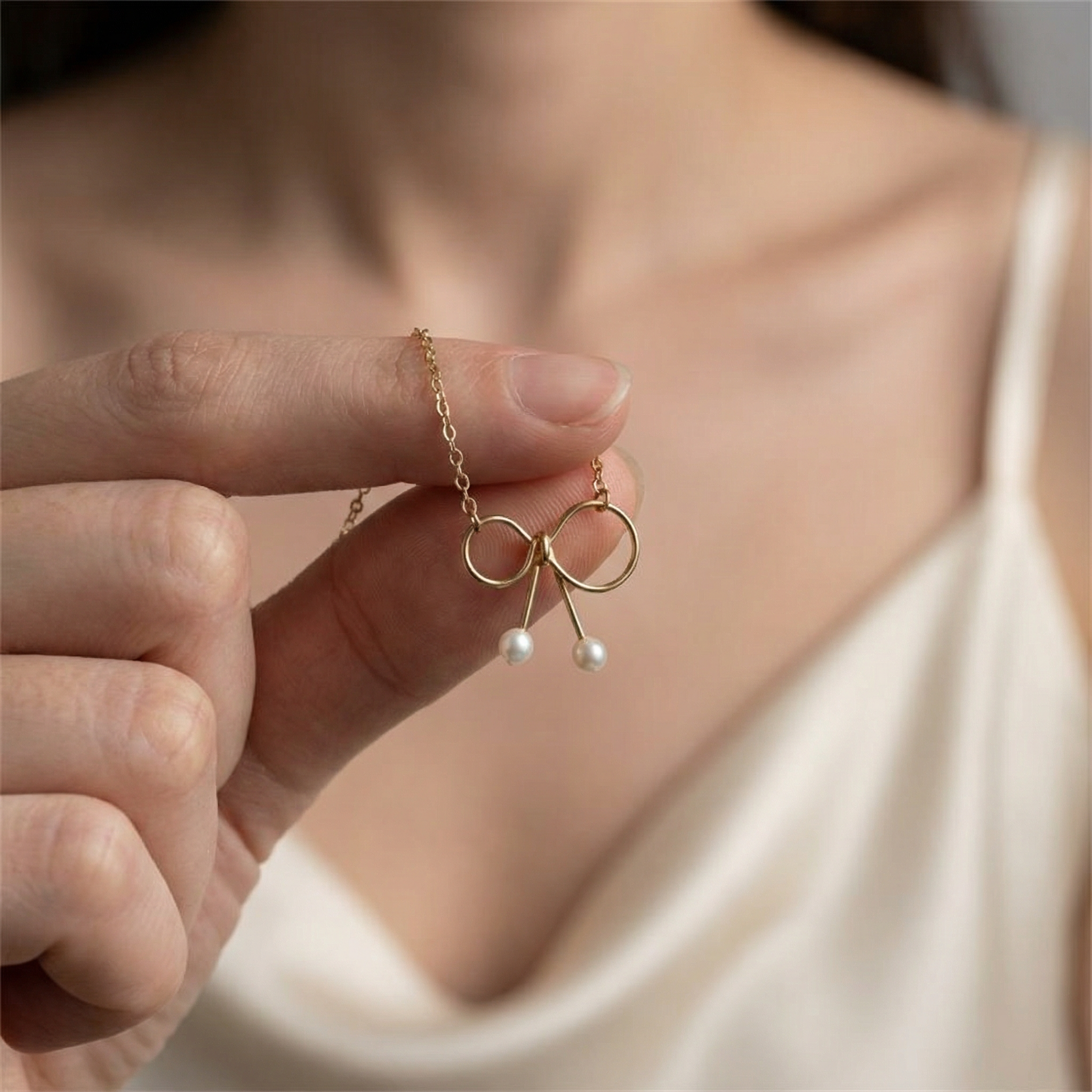 14K Gold Natural Pearl Bow Necklace