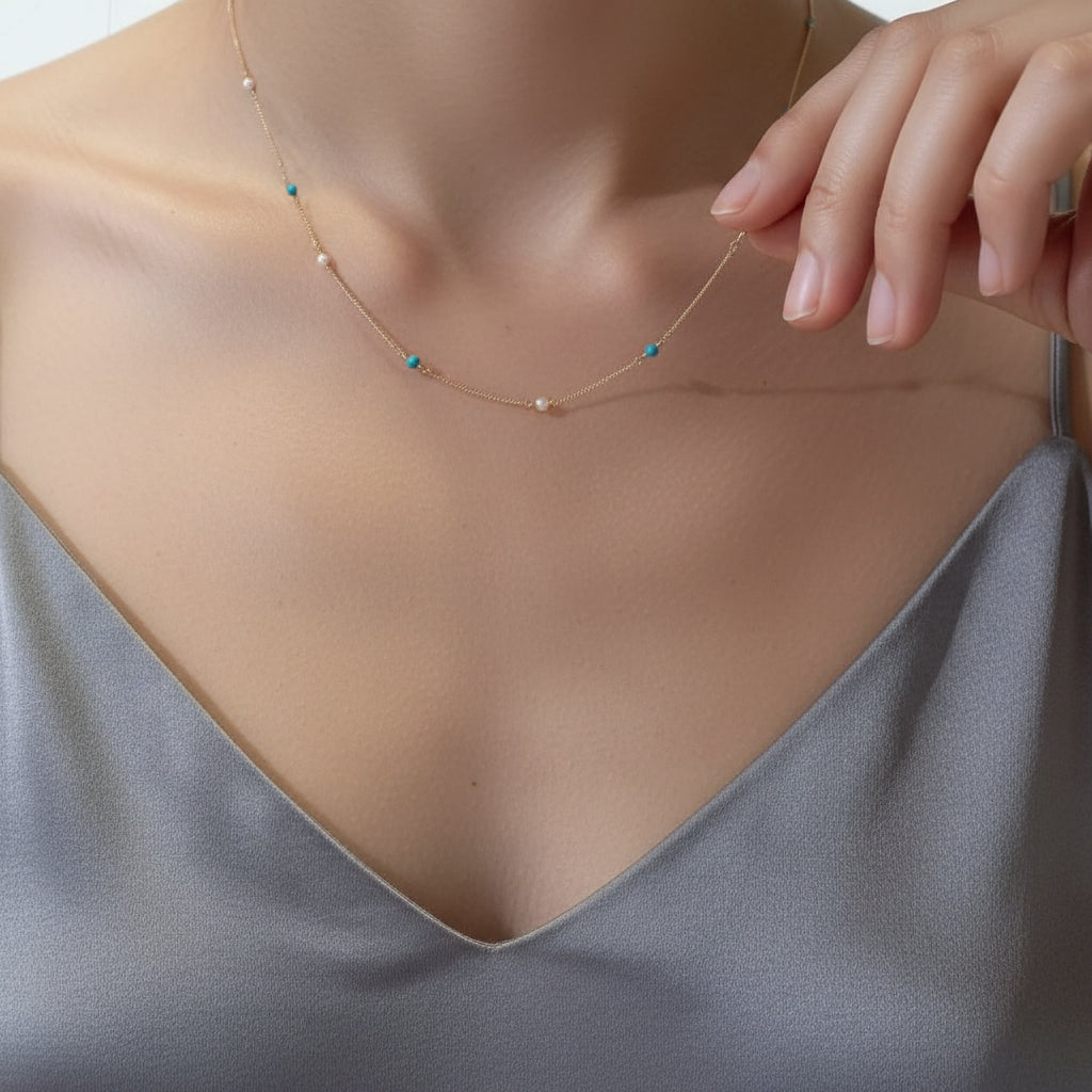 14K Gold Natural Turquoise & Pearl Necklace Everyday Necklace