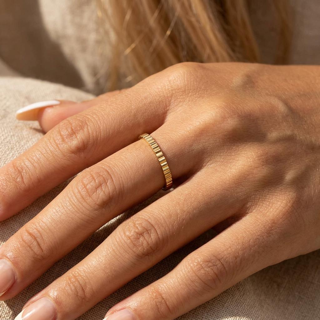 14K Solid Gold Tiny Bar Striped Ring Wedding Band