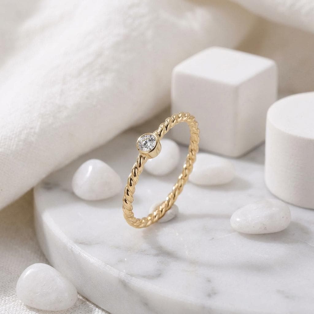 14K Solid Gold Moissanite Rope Twist Ring, Engagement Wedding Band