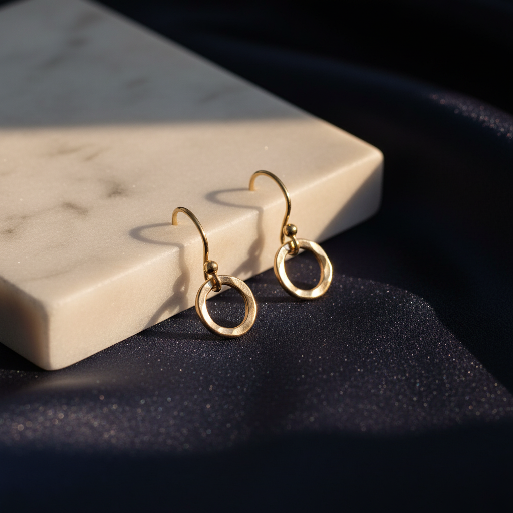 14k gold handmade hammered round earrings