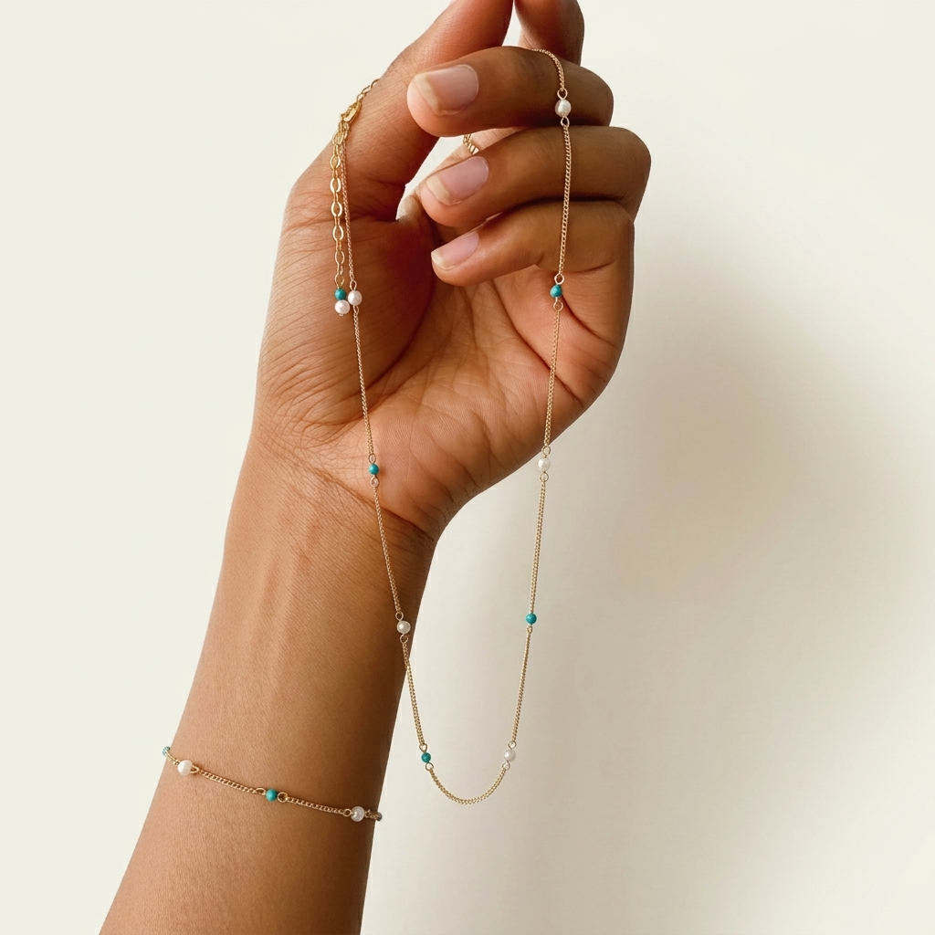 14K Gold Natural Turquoise & Pearl Necklace Everyday Necklace