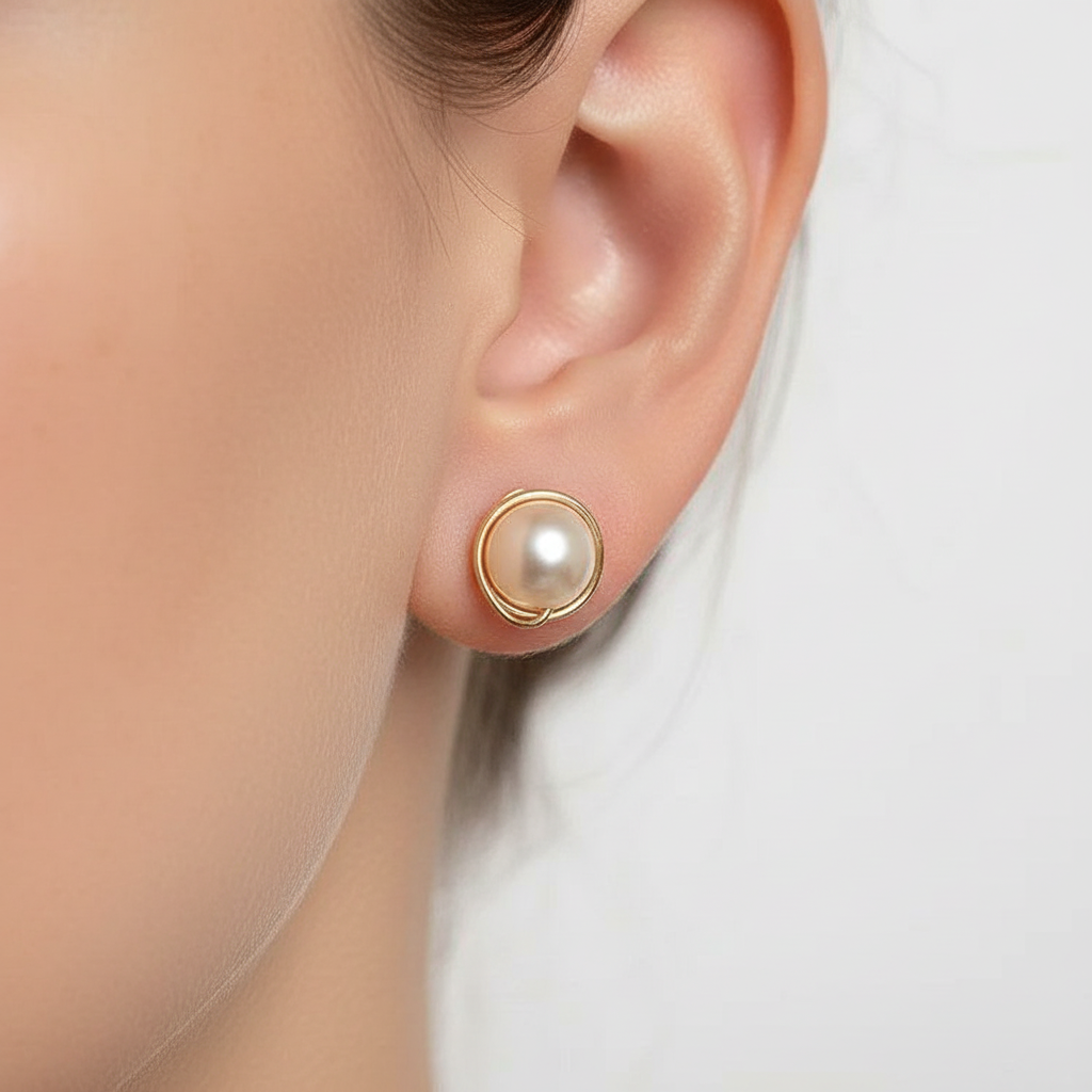 14k gold hand-wrapped natural pearl stud earrings
