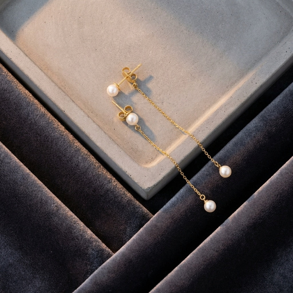 14k Gold Dainty Pearl Drop Earrings