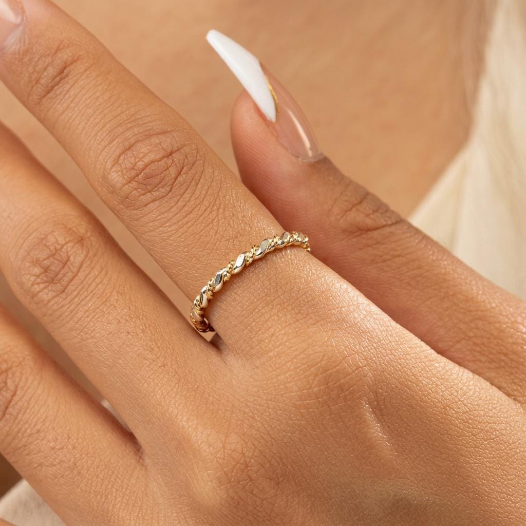 14K Solid Gold Two-Tone Shiny  Layering Ring Stackable Band