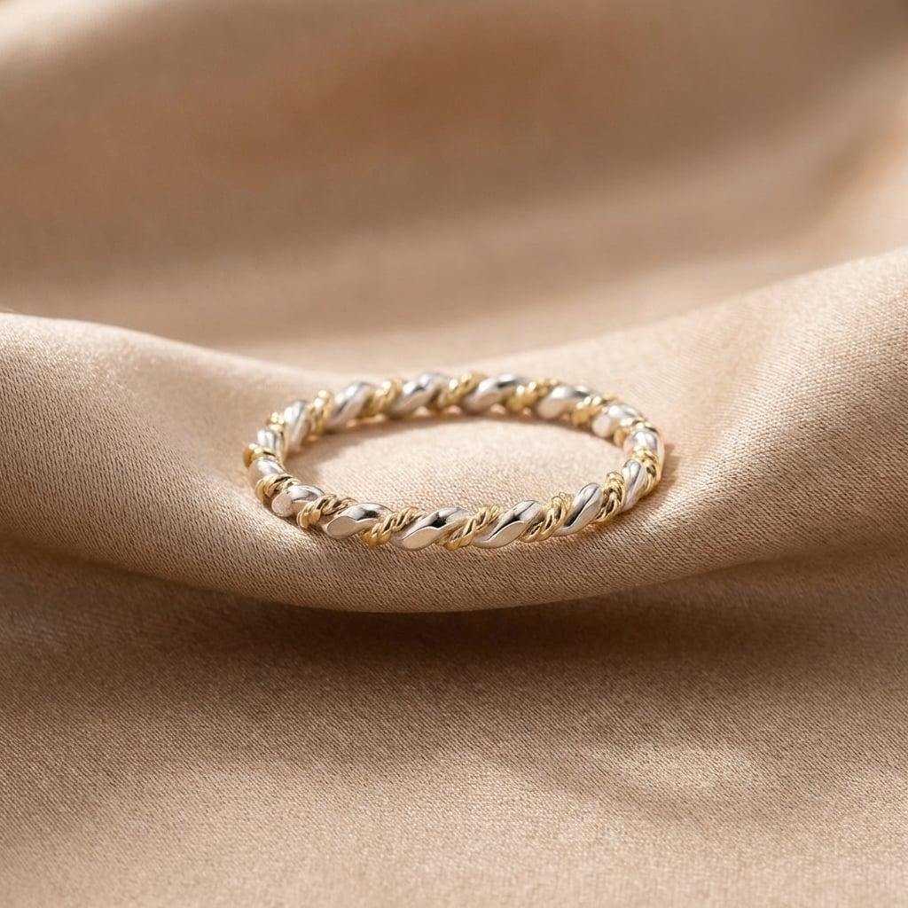 14K Solid Gold Two-Tone Shiny  Layering Ring Stackable Band