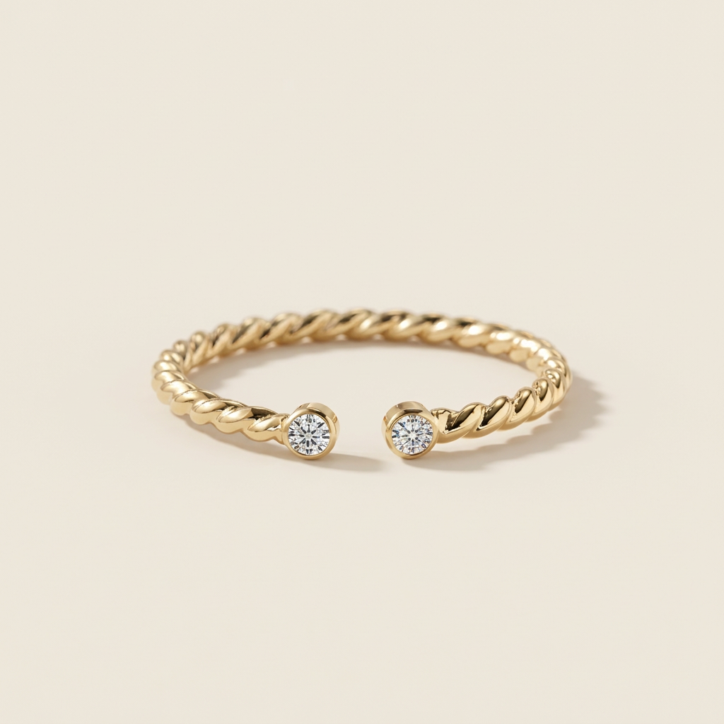 Solid 14K Gold Rope Twist Moissanite Open Ring Adjustable Band